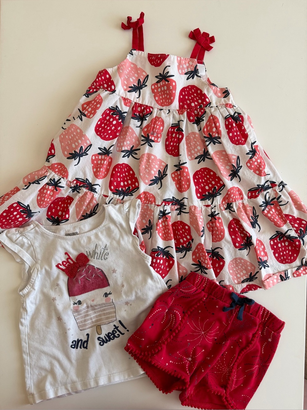 Girl 3T Summer Lot Red, White, Blue Fireworks, Strawberry Dress, Ice Cream Top